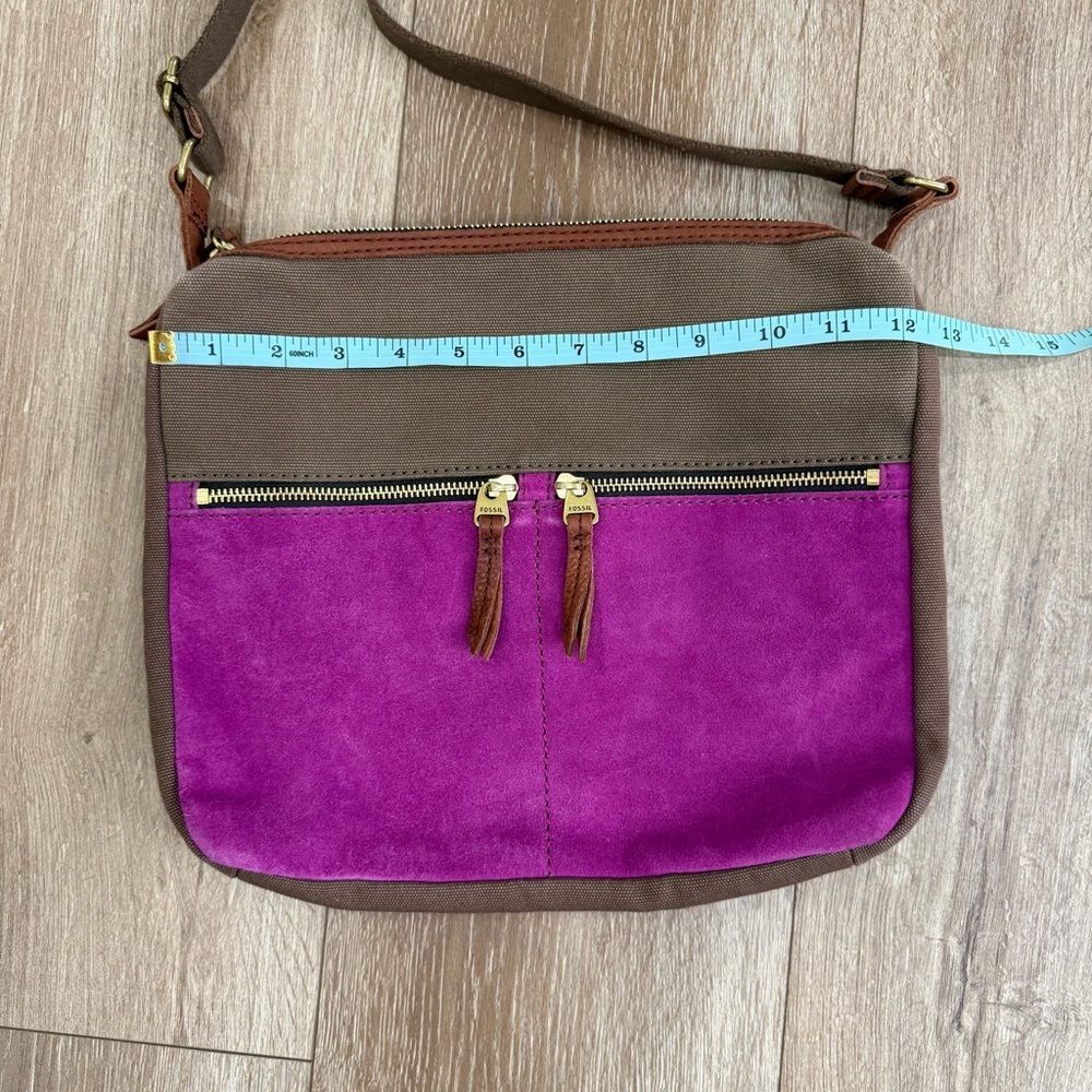 Fossil Erin Canvas and Leather Top Zip Crossbody Handbag Adjustable Pink Brown - Picture 11 of 15